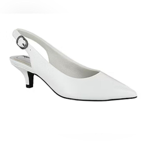 Easy Street Women's White Pointed Toe Kitten Heel Slingback Strap Heels - Picture 1 of 6